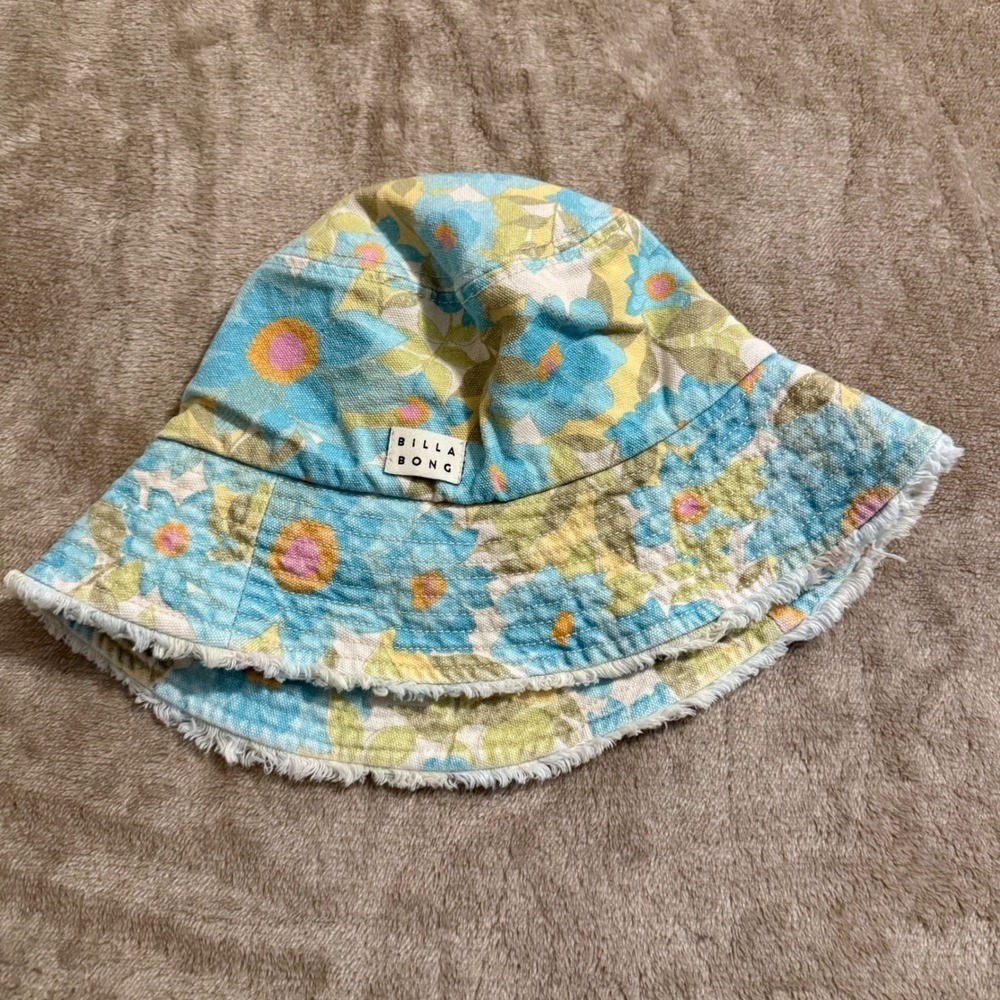 Billabong Kids Blue Yellow Floral Canvas Bucket Hat with Frayed Brim